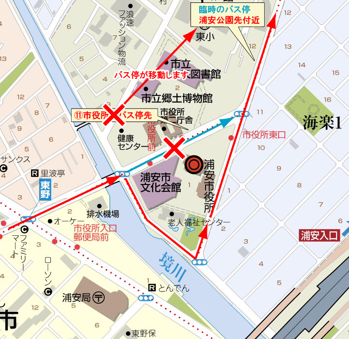 浦安市民まつりに伴う 送迎バス「堀江・市役所線」路線変更図